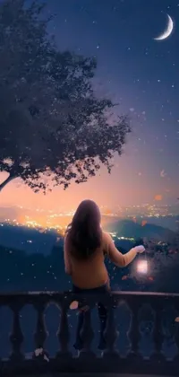 Transform your phone's background with this stunning digital artwork! Featuring a scene of a girl sitting on a railing gazing into the night sky, this live wallpaper is perfect for those looking to add an immersive touch to their phone's interface