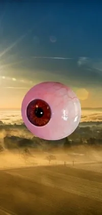 This phone live wallpaper features a striking pink eyeball in the center of a vast field