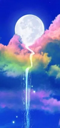 Looking for a mesmerizing live wallpaper to give your phone a stunning new look? The waterfall in the sky is the perfect choice! This psychedelic masterpiece features a breathtaking waterfall, full moon, and beautiful cloud formations, combined with rainbow sheep, elevator to the moon, stars, and more