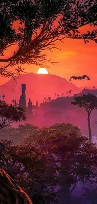 This live wallpaper for phones depicts a stunning sunset in a valley with a tree in the foreground