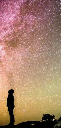 This phone live wallpaper features a beautiful scene of a person standing on top of a hill under a starry sky, located under a colorful nebula background, creating a mesmerizing visual display of space and light