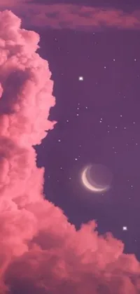 Experience a stunning and enchanting phone live wallpaper featuring a beautiful pink cloud against a backdrop of twinkling stars and a crescent moon