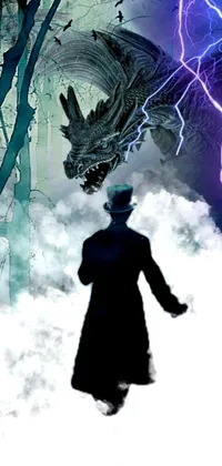 This phone live wallpaper features an imaginative scene of a man standing in the clouds with a dragon atop his head, surrounded by blue indigo thunder lightning bolts