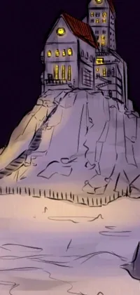 This phone live wallpaper showcases a fascinating drawing of a house atop a mountain, inspired by classic comic art