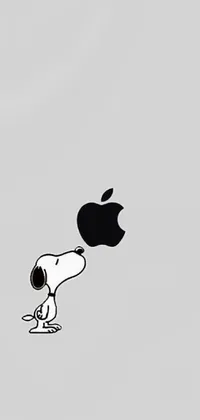This phone live wallpaper shows a cute dog sitting in front of an apple logo, made in the minimalist style with a black and white color scheme