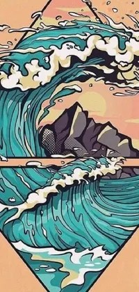 This live wallpaper boasts a breathtaking vector art image of a colossal ocean wave, true to Tumblr and psychedelic art style