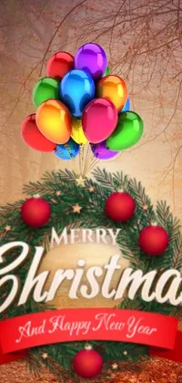 Enhance your phone's festive vibe with this lively live wallpaper featuring a wreath adorned with balloons and a ribbon bearing the message "Merry Christmas and Happy New Year"