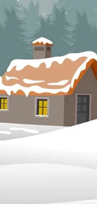 Winter live wallpaper: A charming digital rendering of a lovely cottage in the snow with trees set in the background