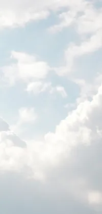 This minimalist phone live wallpaper depicts a large jetliner flying through a cloudy cumulus sky with shades of whites and pale blues