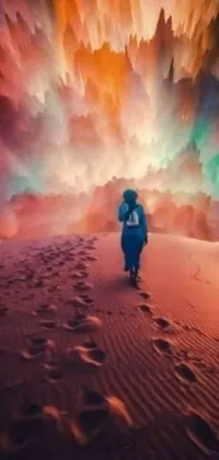 This live wallpaper features a girl in the desert with an umbrella, against a stunning backdrop of psychedelic art