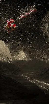 This stunning live wallpaper showcases black and white imagery of Santa's sleigh soaring above a beautiful moon in space