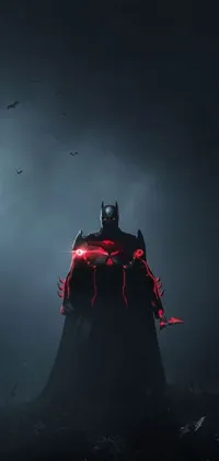 This live wallpaper depicts the iconic superhero Batman standing atop a pile of jagged rubble