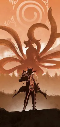This surreal live phone wallpaper features a man standing fearlessly on a hill overlooking a vast landscape with a giant octopus coiling around him