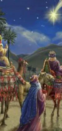 This mobile live wallpaper features a serene manger scene with three wise men and a donkey in a desert landscape under a bright star