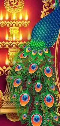 This live wallpaper features a stunning peacock sitting on a decorative plate, with candles flickering in the background