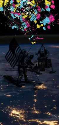 Enjoy this stunning live wallpaper featuring the iconic image of a man on the moon holding the American flag