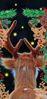 This phone live wallpaper features a stunning close up of a deer's head with pine cones on its antlers