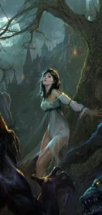 This phone live wallpaper features a captivating fantasy scene showing a woman and a wolf standing in a forest