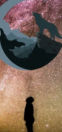 This phone live wallpaper features a captivating image of a person standing in front of a full moon with a wolf on it