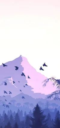 Enjoy a stunning live wallpaper featuring a flock of birds soaring through the sky in front of a beautiful mountain landscape