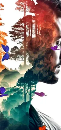 This live phone wallpaper depicts a close-up profile view of a man standing amidst a forest of tall trees, portrayed in exquisite digital art style