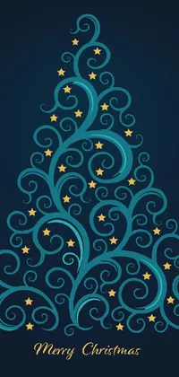 This phone live wallpaper showcases a stunning blue Christmas tree adorned with golden stars against a clear dark background