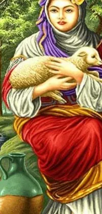 This phone live wallpaper features a digital rendering of a renaissance painting with a woman holding a lamb