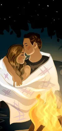 This phone live wallpaper features a heartwarming vector art of a couple snuggled up by a campfire
