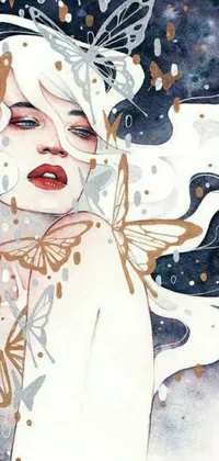 This phone live wallpaper depicts a beautiful woman with butterflies on her head surrounded by colorful ghosts, giving off varying emotions and feelings