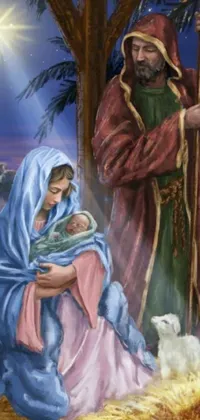 Looking for a peaceful and serene wallpaper for your phone? This live wallpaper features a beautifully painted manger scene, complete with a baby Jesus and shepherd
