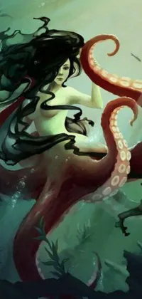 The phone live wallpaper displays striking fantasy art, featuring a woman seated atop a giant octopus deep in the ocean