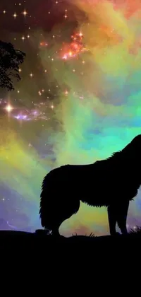 This live wallpaper features a delightful dog standing in grass, with psychedelic and starry effects in the background