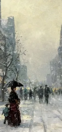 This striking live wallpaper features an American impressionism painting of people walking down a snowy evening street