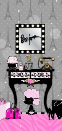 This phone live wallpaper showcases a lovely girl's room adorned in pleasant pink and black tones