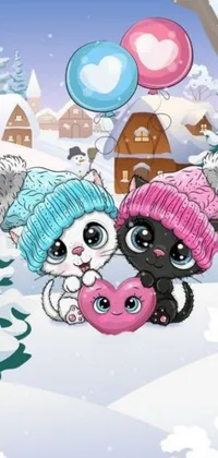 This stunning live wallpaper features two cats standing in the snow with cute hats on