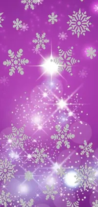 This Christmas phone wallpaper features a stunning purple background adorned with white snowflakes and stars