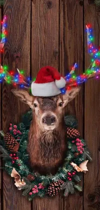 This phone live wallpaper showcases a close-up of an enchanting deer adorned with Christmas lights reflecting the spirit of the festive season