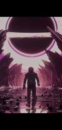 This space-themed phone live wallpaper features an astronaut walking through a mystifying tunnel, surrounded by a dark environment