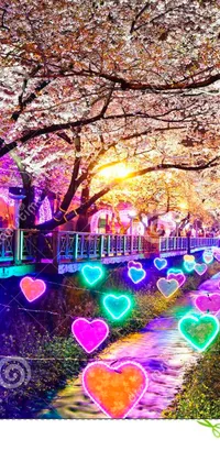 Looking for an interactive live wallpaper for your phone? Enjoy the stunning beauty of colorful heart-shaped lights in a park, set against a serene background of flowing sakura-colored silk cherry blossoms