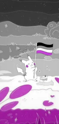 This adorable phone live wallpaper features a cute cartoon rabbit holding a black and white flag against a stunning purple battlefield backdrop, inspired by Kanbun Master manga series on Reddit