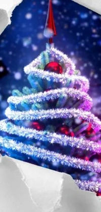 This Christmas tree close-up live wallpaper for your phone depicts a holiday scene on paper, with glittering ice and beautiful digital airbrush painting effects