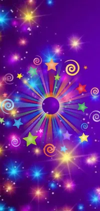 This live phone wallpaper is a lively and mesmerizing display of colorful stars and swirls set against a vibrant purple background