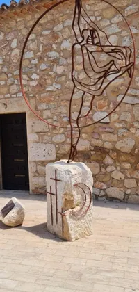 This phone live wallpaper showcases a beautiful abstract wire sculpture set against a stone building
