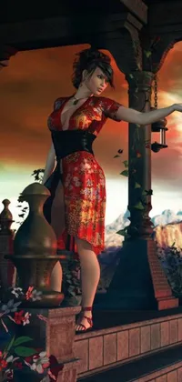This steampunk inspired live wallpaper boasts a stunning woman in a red dress standing on a porch