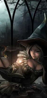 This phone live wallpaper features a stunning image of a witch wearing a dark hat and holding a wand