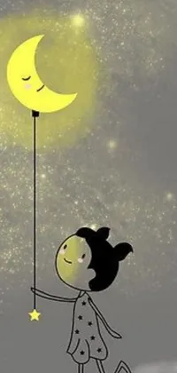 This live wallpaper depicts an endearing illustration of a young girl holding a bright yellow moon, standing against a dark and starry night sky