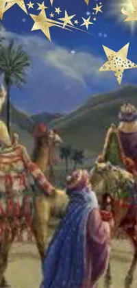 This captivating live wallpaper depicts a desert scene, featuring a man riding a camel leading another camel behind him