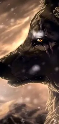 This close-up live wallpaper showcases a detailed digital art image of a wolf in the snow