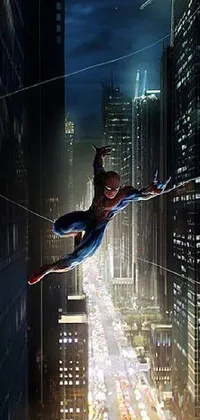 This dynamic live wallpaper for your phone features an athletic superhero soaring through the skies above a pulsing cityscape