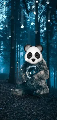 This phone live wallpaper showcases a delightful panda bear sitting amidst a forest